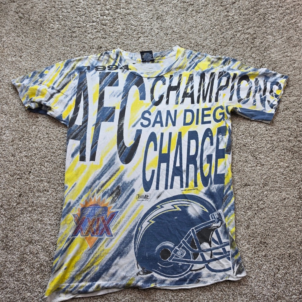 VINTAGE San Diego Chargers Mens Medium Football All Over Print Signal Sport 1994